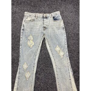 boohooMAN Mens Distressed Light Wash Button Fly Jeans Size 36 Raw Hem Straight